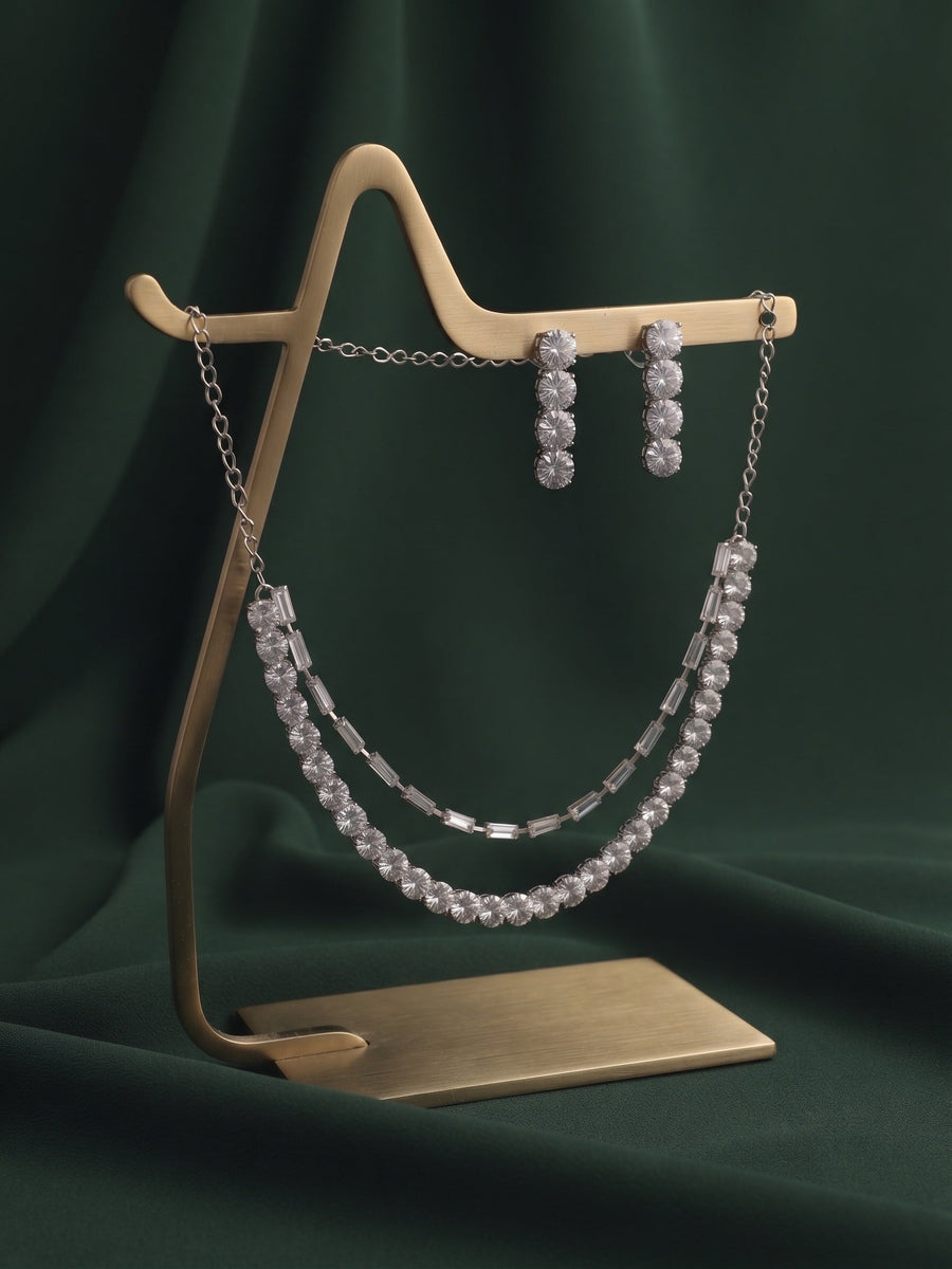Women Silver Plated American Diamond Jewellery Set