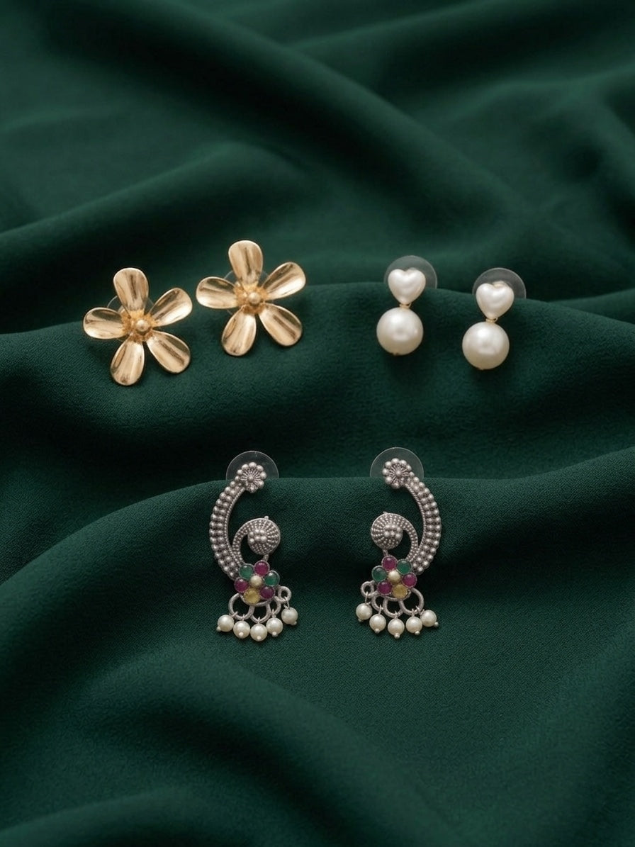 Set Of 3 Multi-Design Earrings Combo Pack For Women