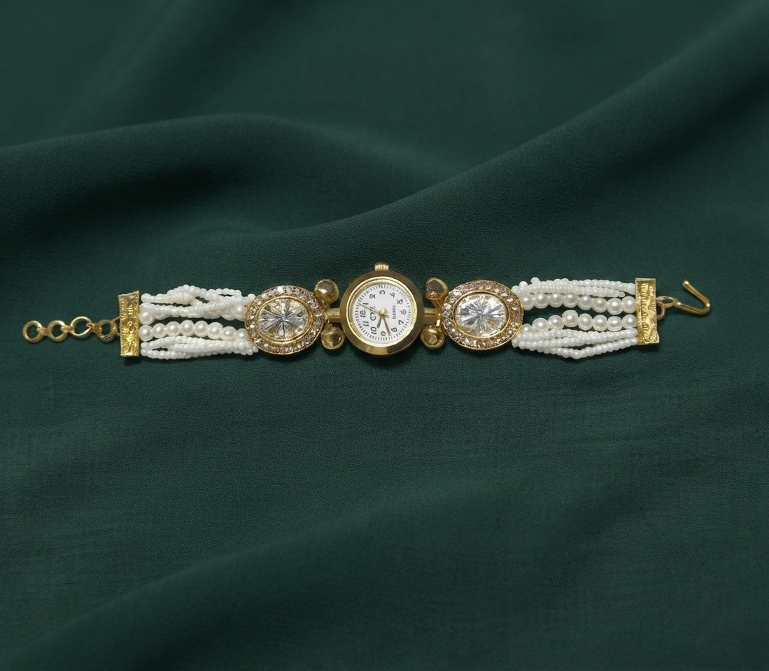 Gold Plated Fancy Pearls Trendy Watch Bracelet