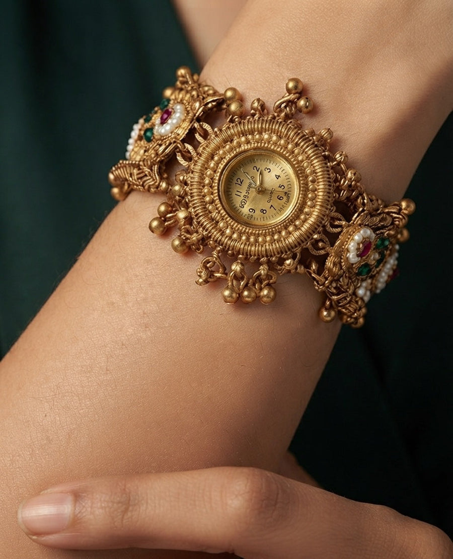 Gold Plated Trendy Watch With Gungroo Bracelet