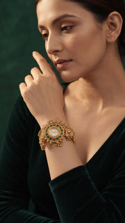 Gold Plated Trendy Watch With Gungroo Bracelet