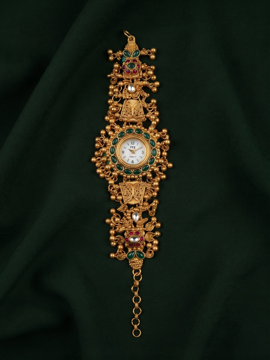 Gold Plated Trendy Watch With Gungroo Bracelet