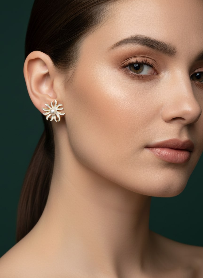 White Floral With Pearls Studs