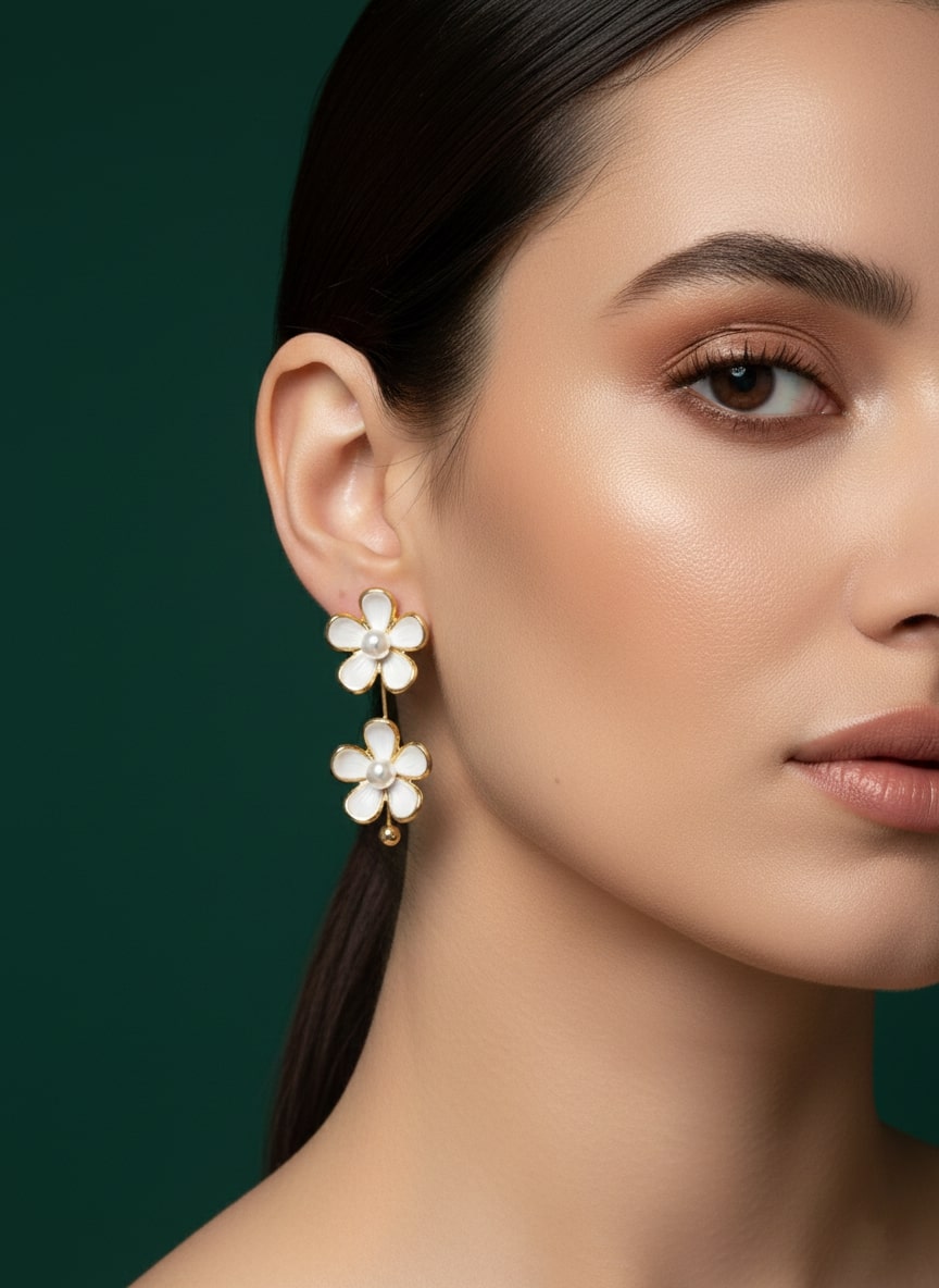 White & Golden Flower Earrings
