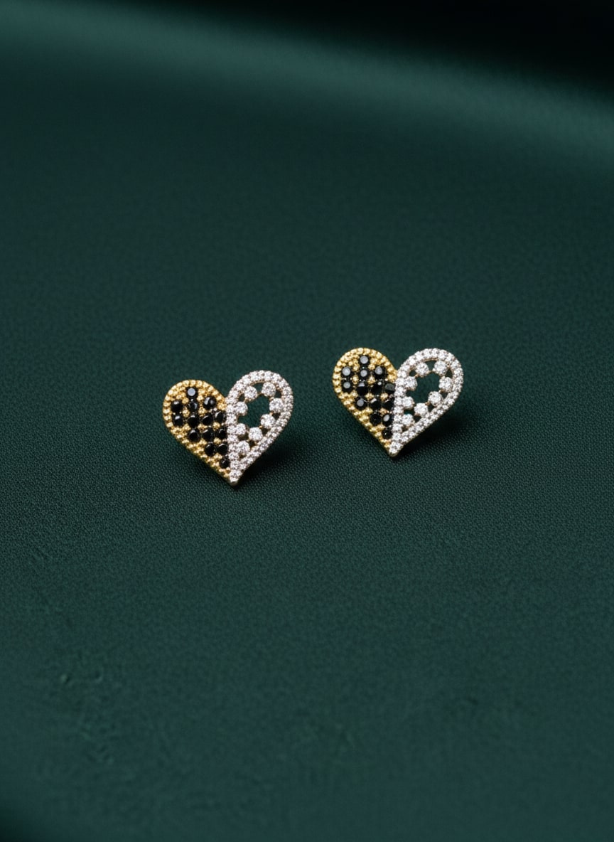 Unique Gold & Silver Diamond Heart Studs