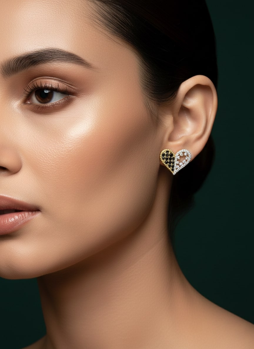 Unique Gold & Silver Diamond Heart Studs