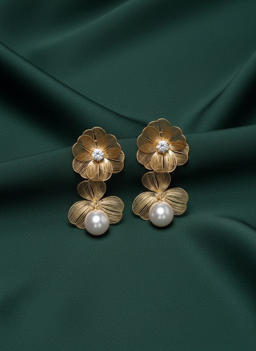 Beautiful Flower With Pearl Drop Earring