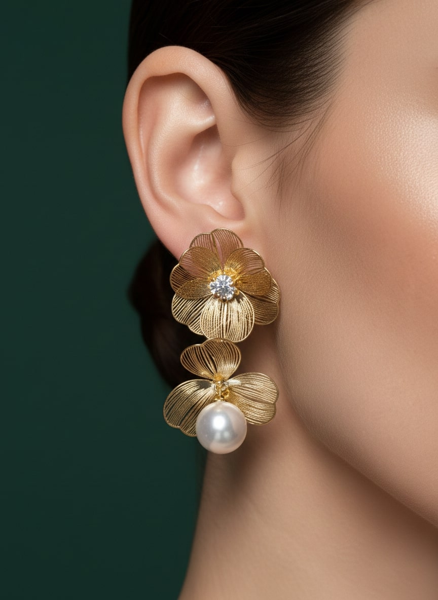 Beautiful Flower With Pearl Drop Earring