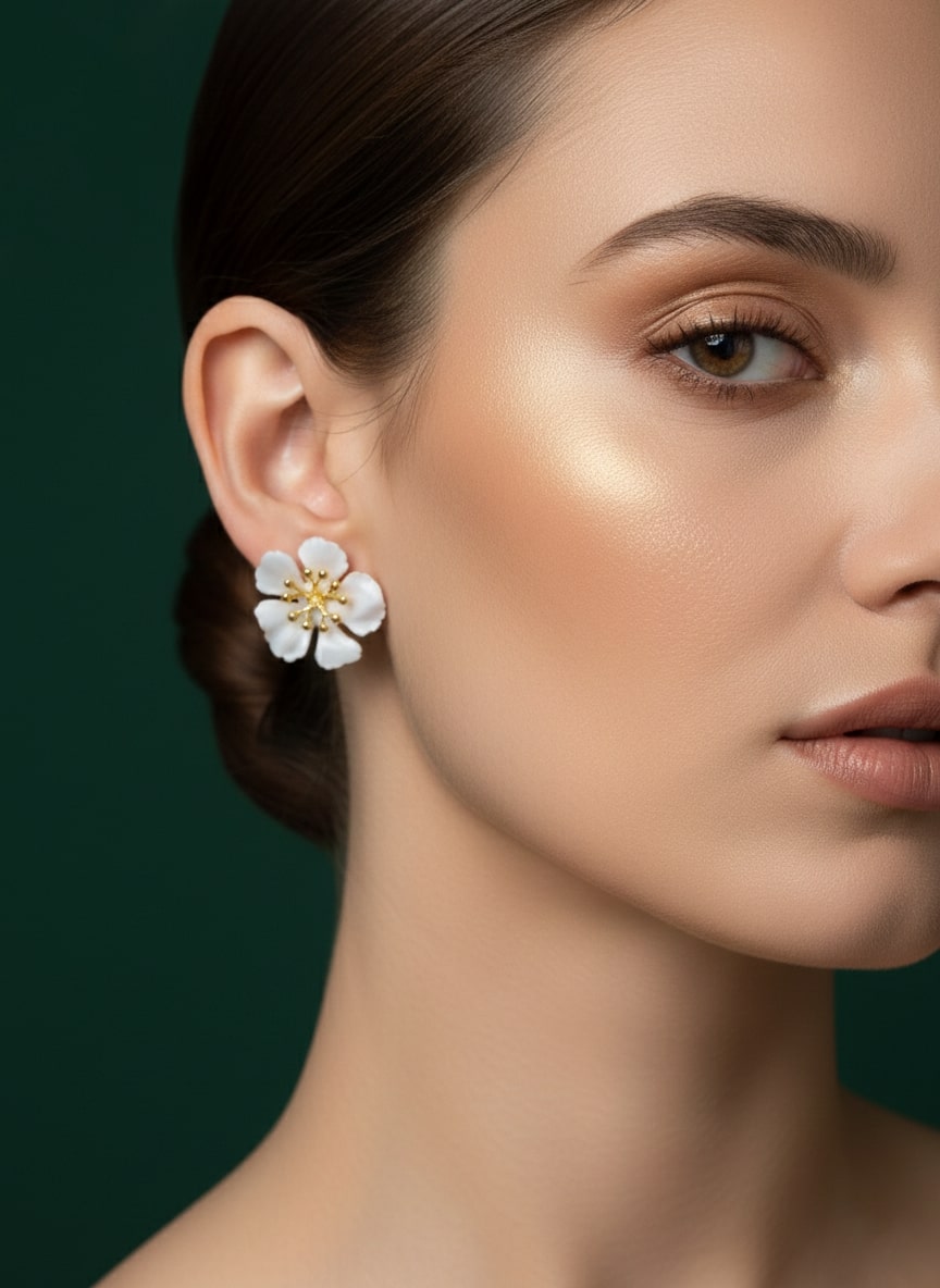 White & Gold Flower Clasic Studded Earrings