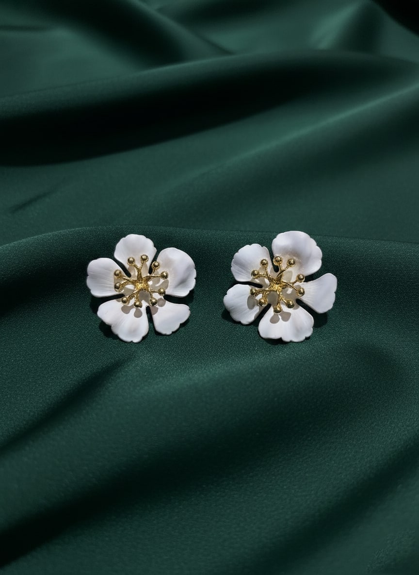 White & Gold Flower Clasic Studded Earrings