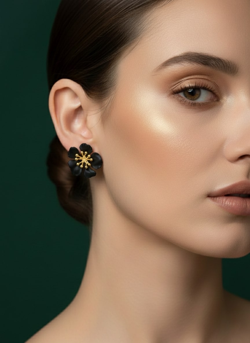Black & Gold Flower Clasic Studded Earrings