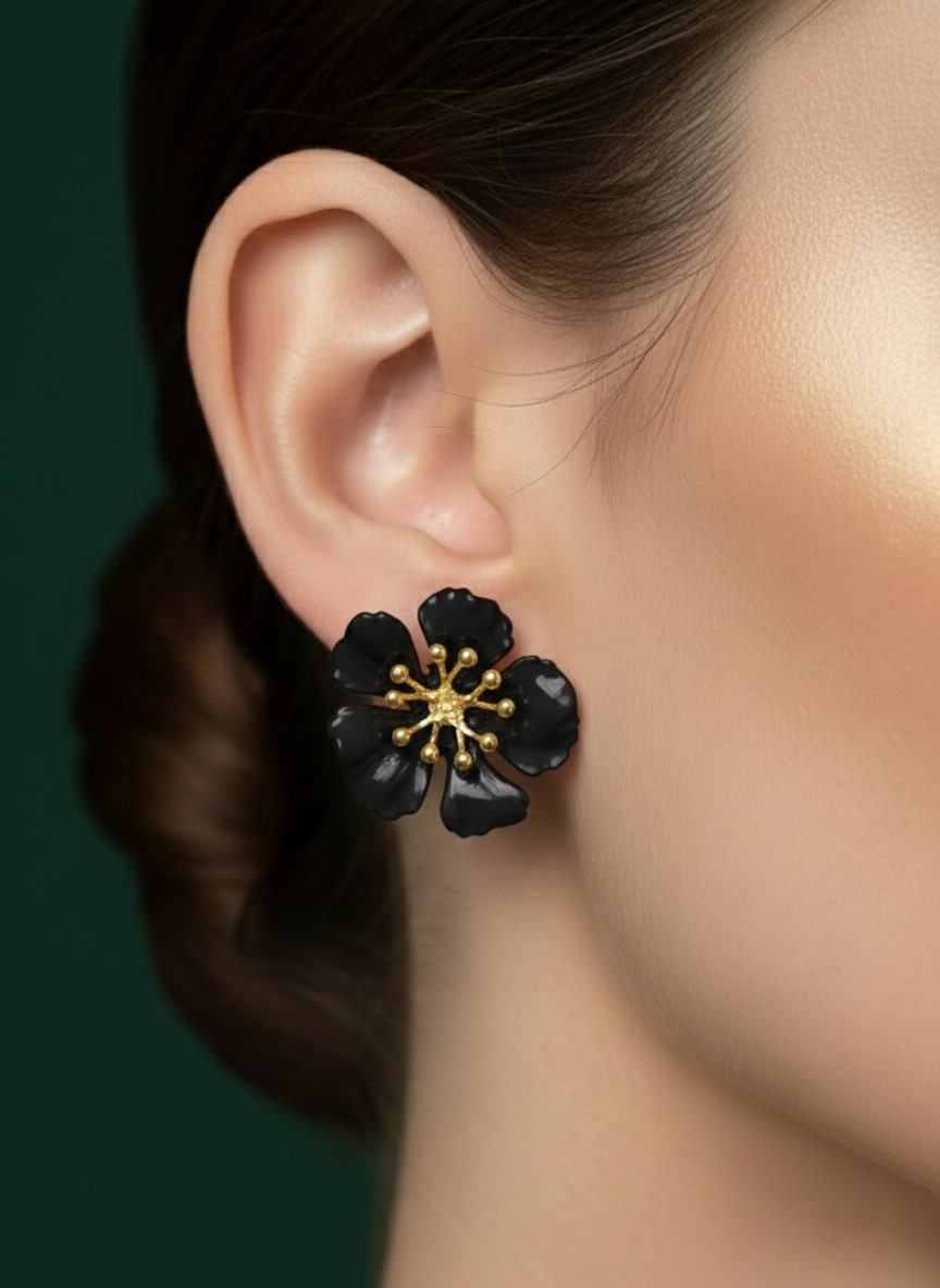 Black & Gold Flower Clasic Studded Earrings