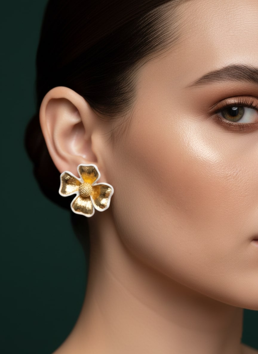 Golden Flower With Artificial Beads Studs Earrings