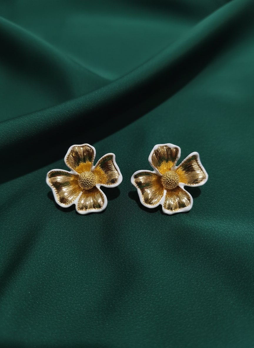 Golden Flower With Artificial Beads Studs Earrings