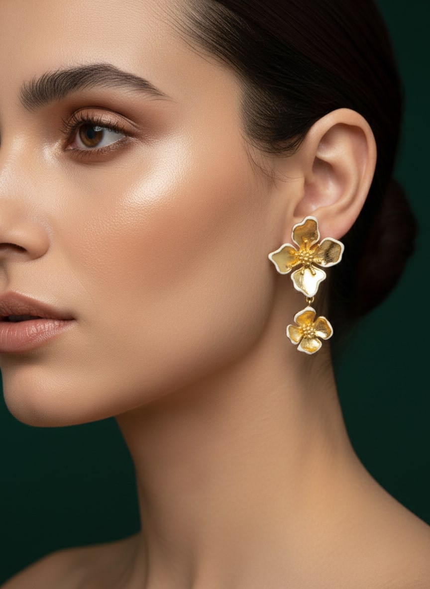 Fancy Golden Flower Studed Drop Earrings