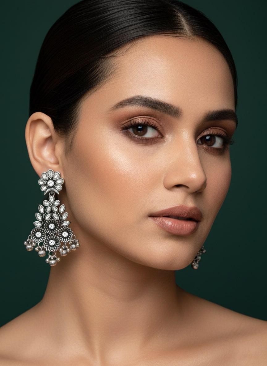 German Silver Stone & Beaded Drop Earrings
