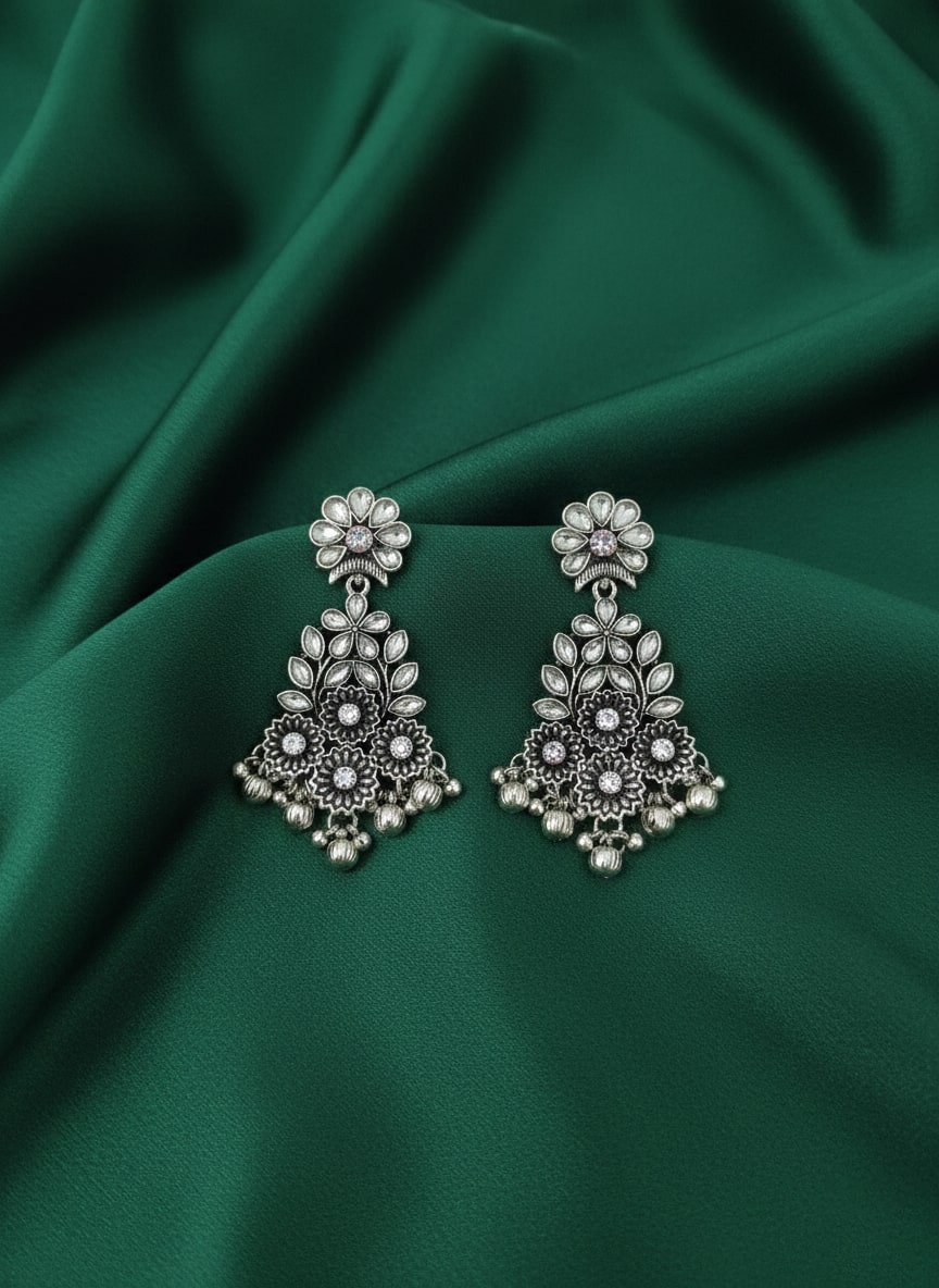 German Silver Stone & Beaded Drop Earrings