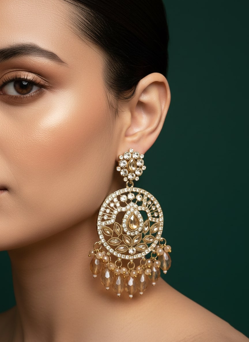 Circular Shaped Kundan & Beaded Drop Earrings