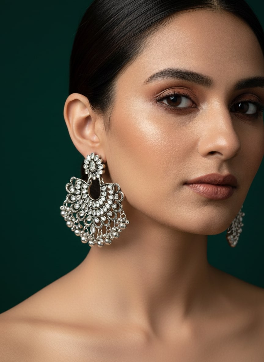 Circular Stone & Beaded Oxidised Drop Earrings