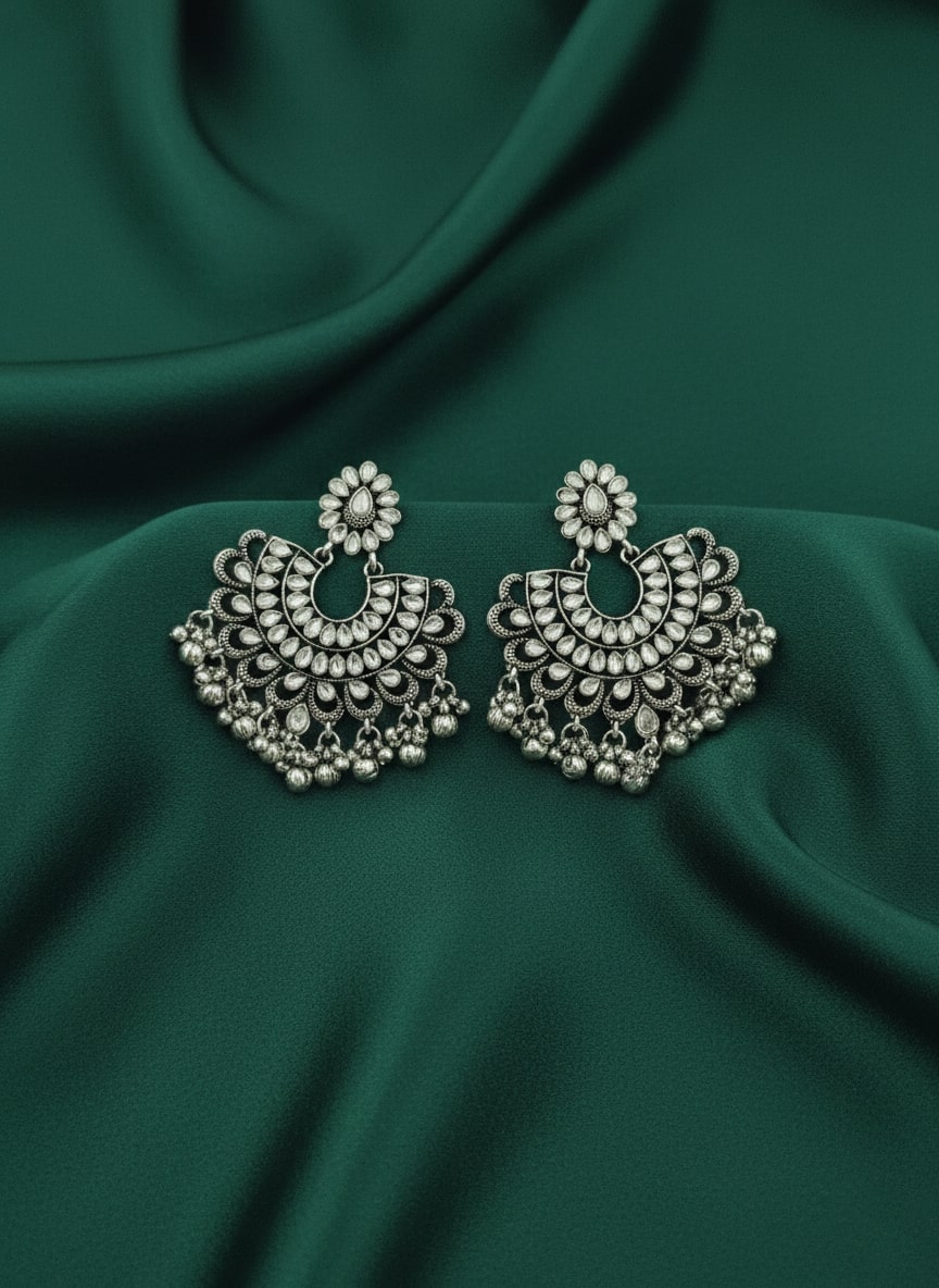 Circular Stone & Beaded Oxidised Drop Earrings
