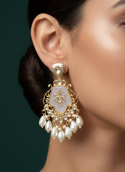 Elegant Peach-Coloured Kundan & Faux Pearl Earrings