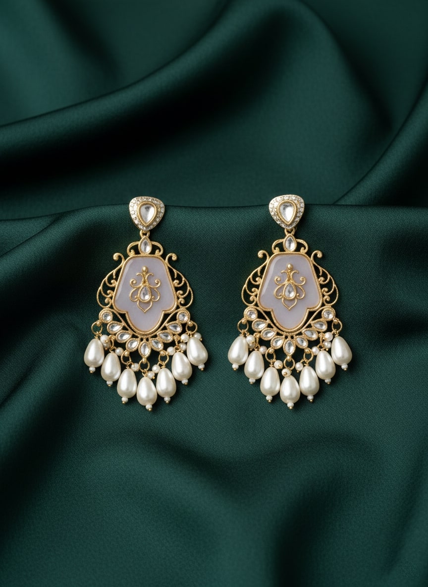 Elegant Peach-Coloured Kundan & Faux Pearl Earrings