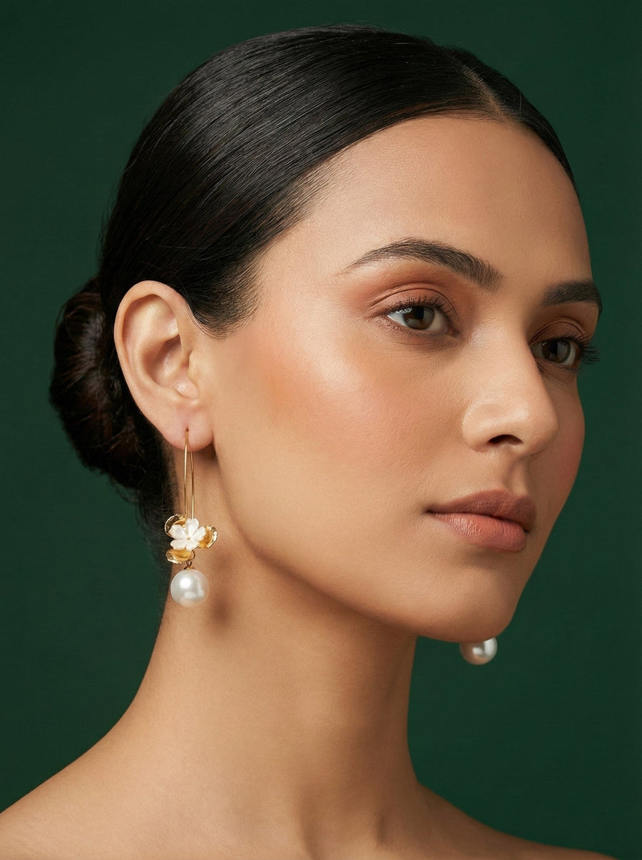 Floral with Pearl Korean Hoop Earrings