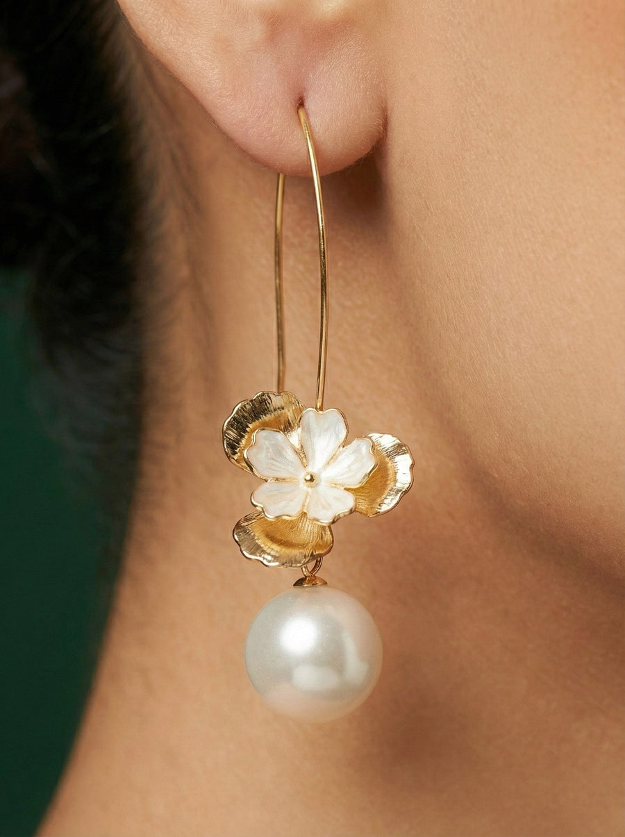 Floral with Pearl Korean Hoop Earrings