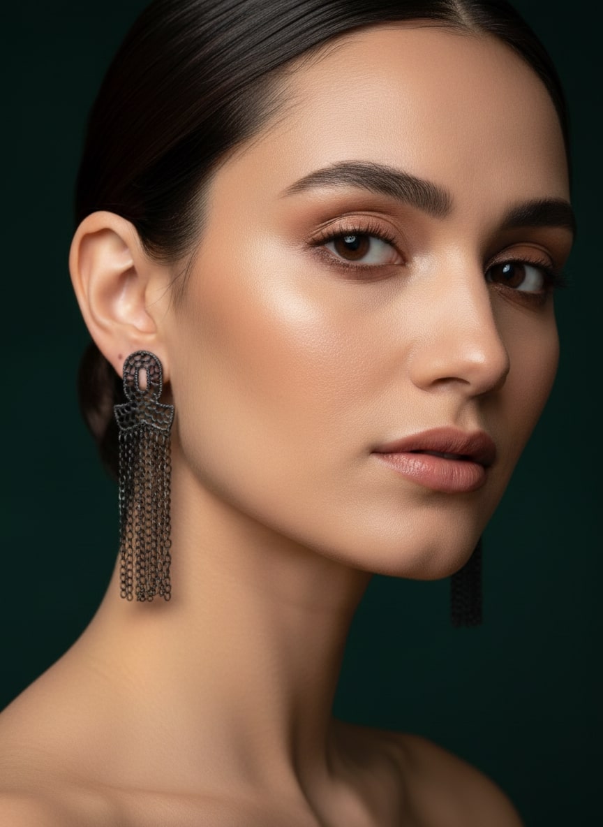 Black Alloy Tasseled Drop Earrings