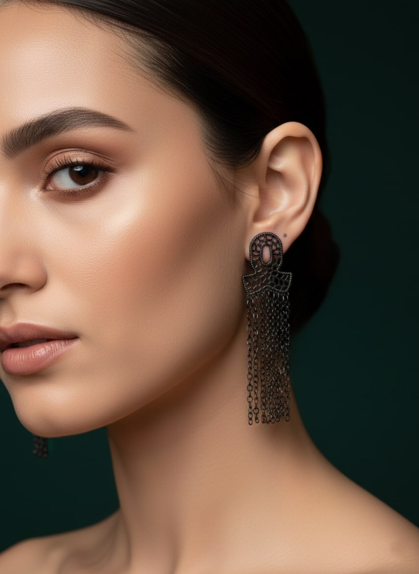 Black Alloy Tasseled Drop Earrings