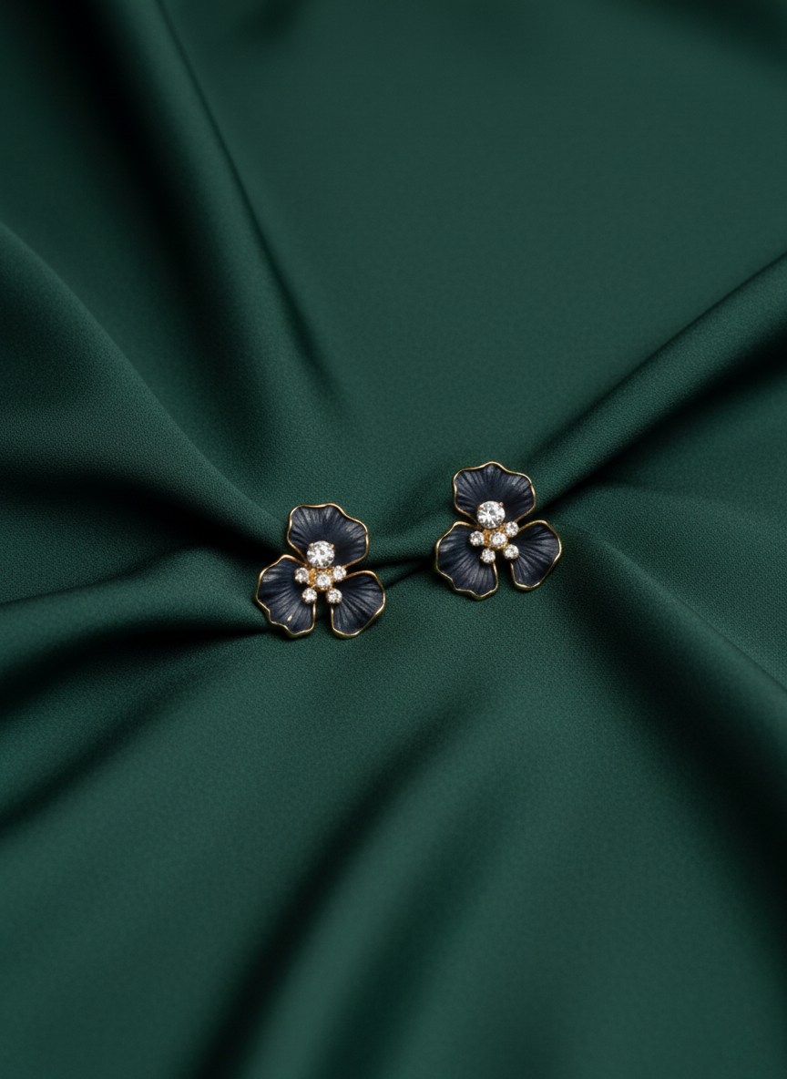 Classic Black Floral Studs Earrings