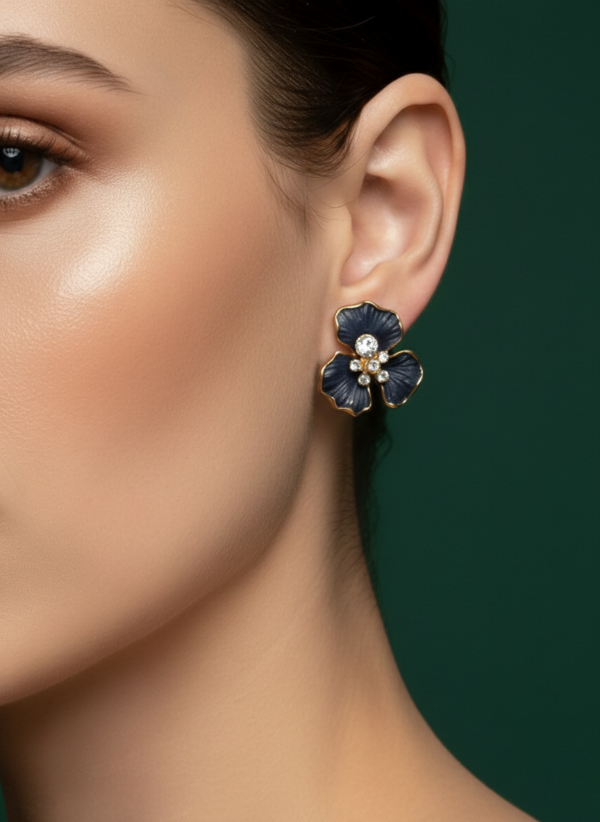 Classic Black Floral Studs Earrings