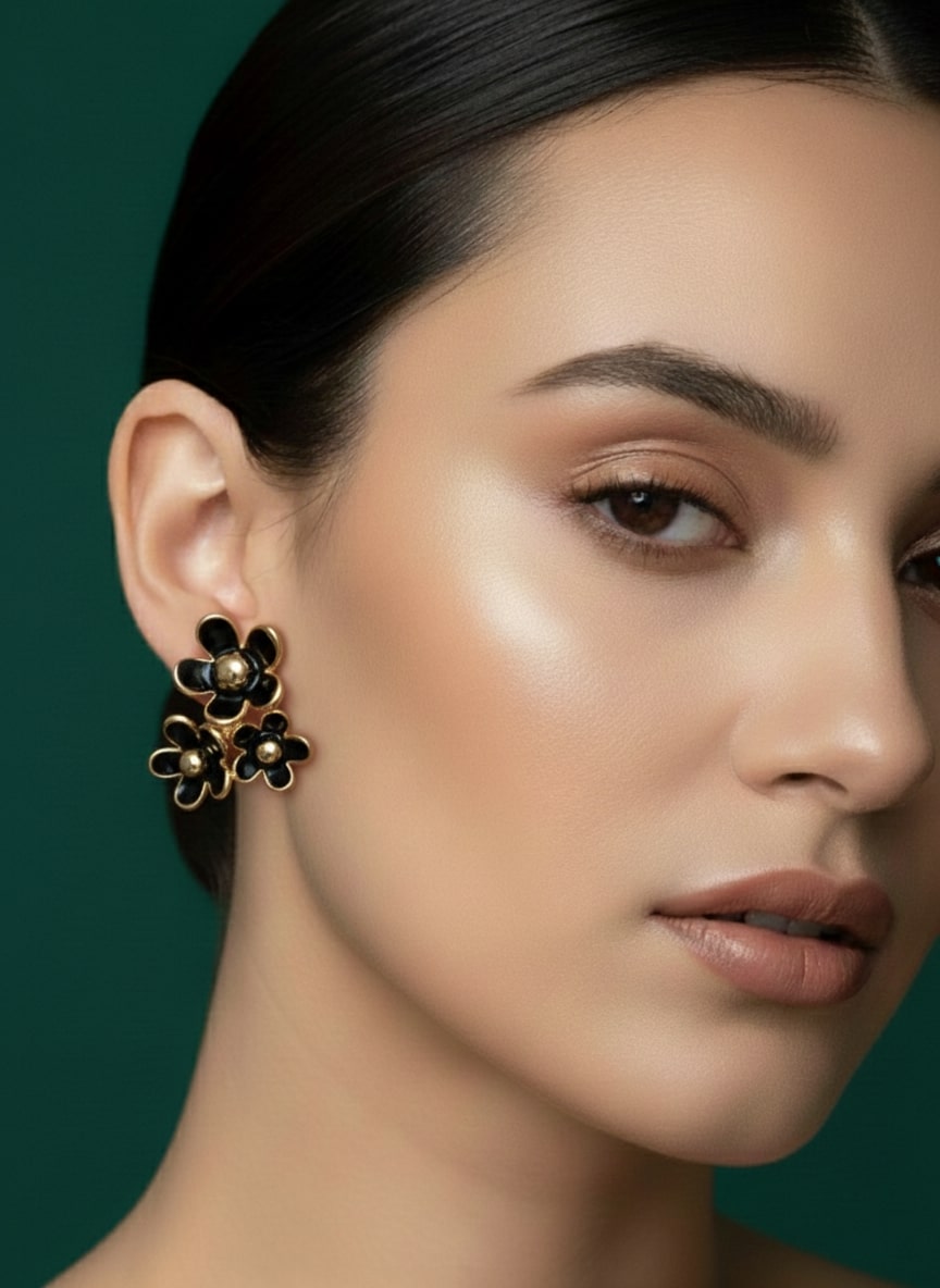 Black & Golden Floral Studs Earrings