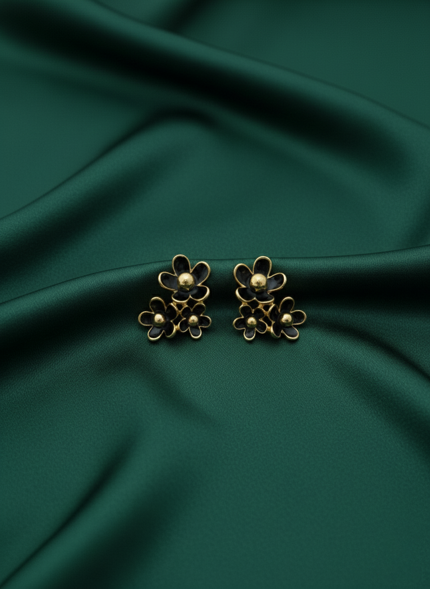 Black & Golden Floral Studs Earrings