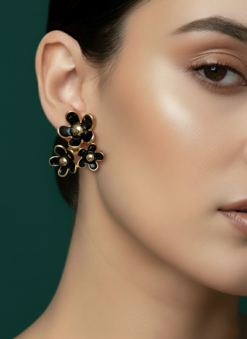 Black & Golden Floral Studs Earrings