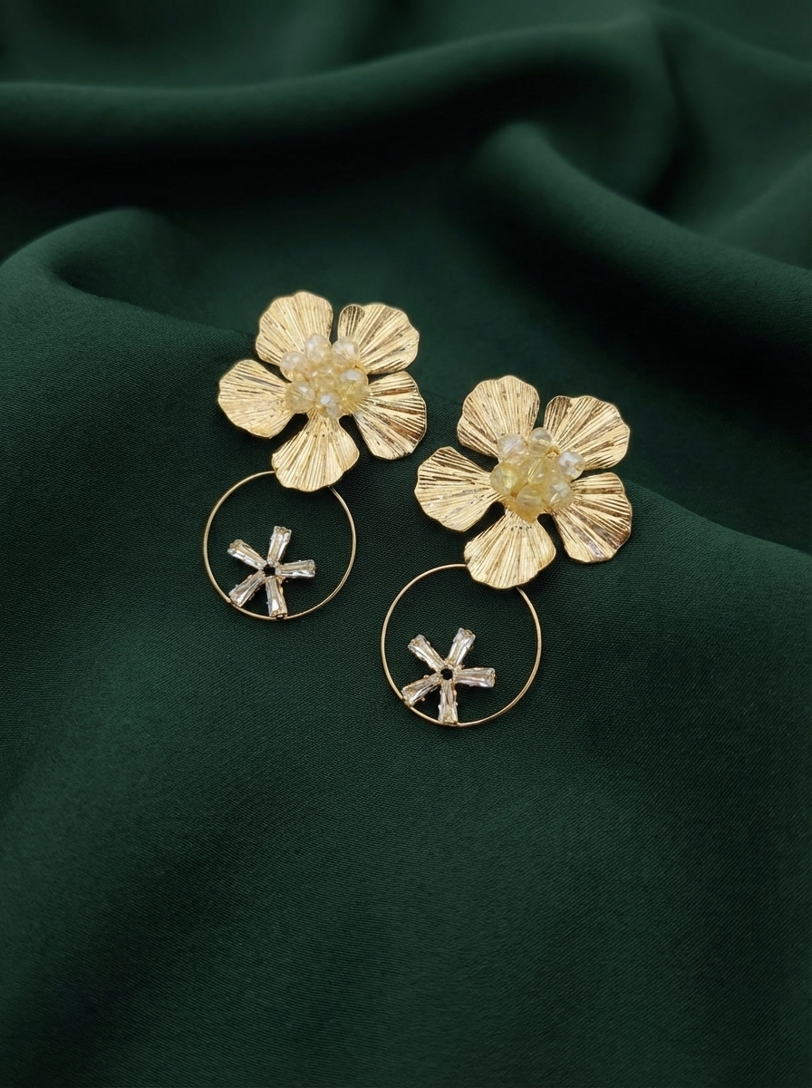 Golden Floral With Ring Earrings
