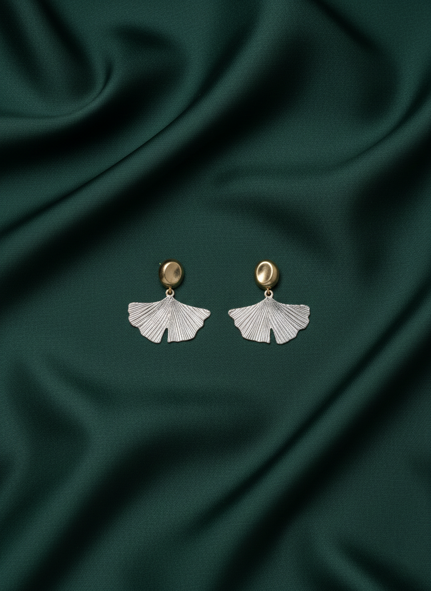 Fancy Golden Beads with Silver Petal Earrings