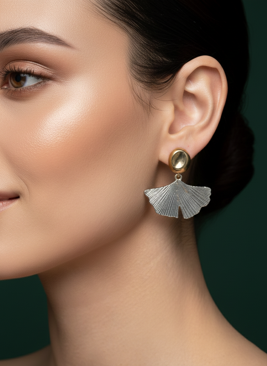 Fancy Golden Beads with Silver Petal Earrings