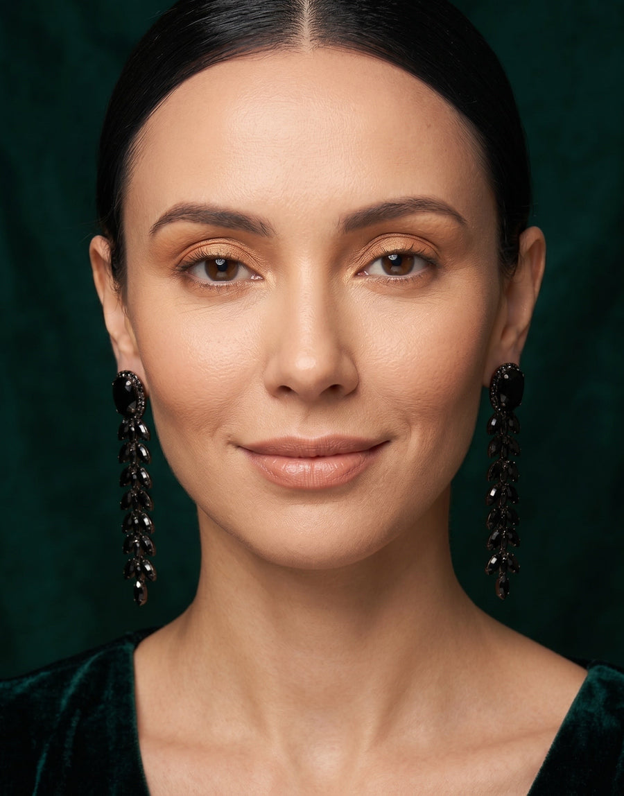 Fancy Black Beaded Drop Earrings