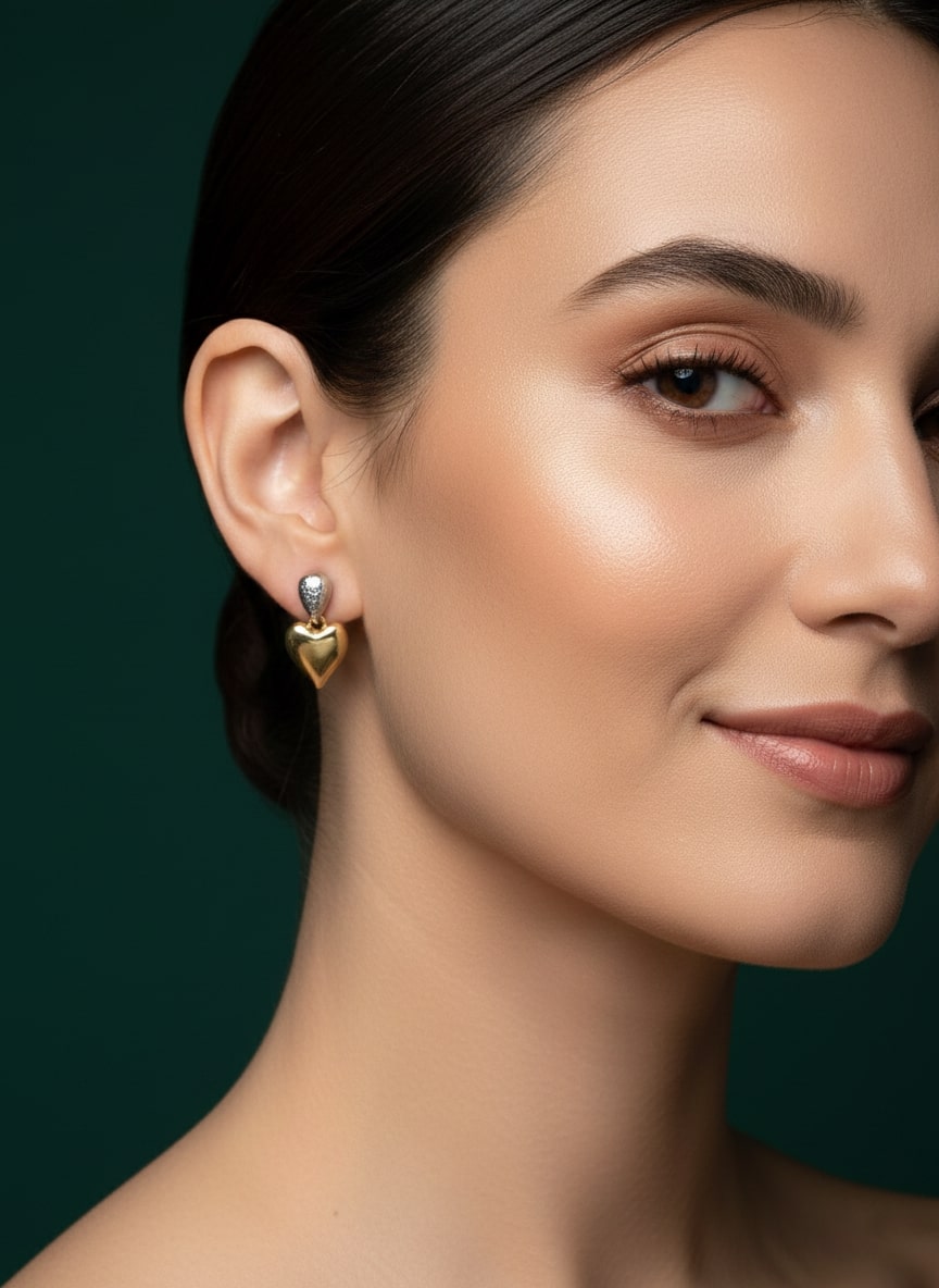Silver-Gold Teadrop With Heart Earring