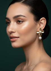 Golden Flower With hanging pearl earring