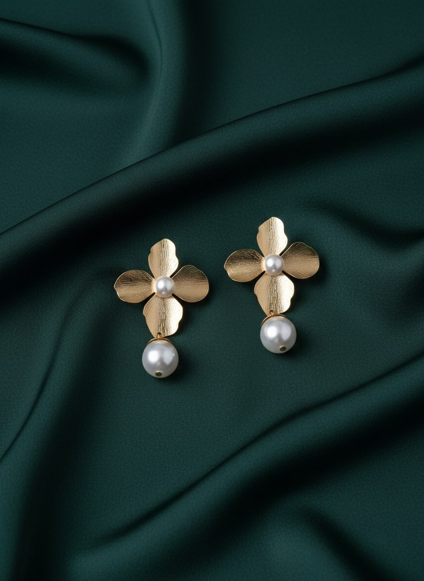 Golden Flower With hanging pearl earring