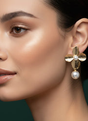 Golden Flower With hanging pearl earring