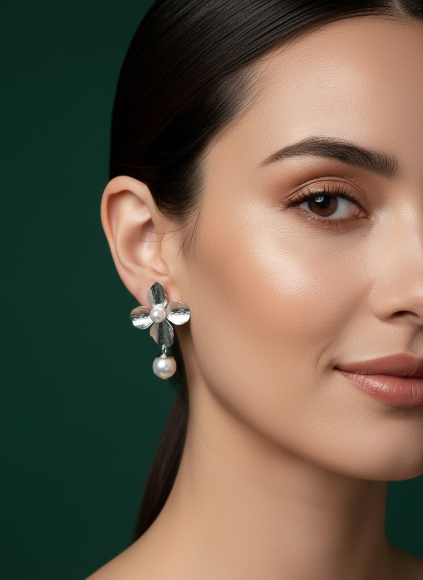 Silver Flower With hanging pearl earring