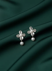 Silver Flower With hanging pearl earring