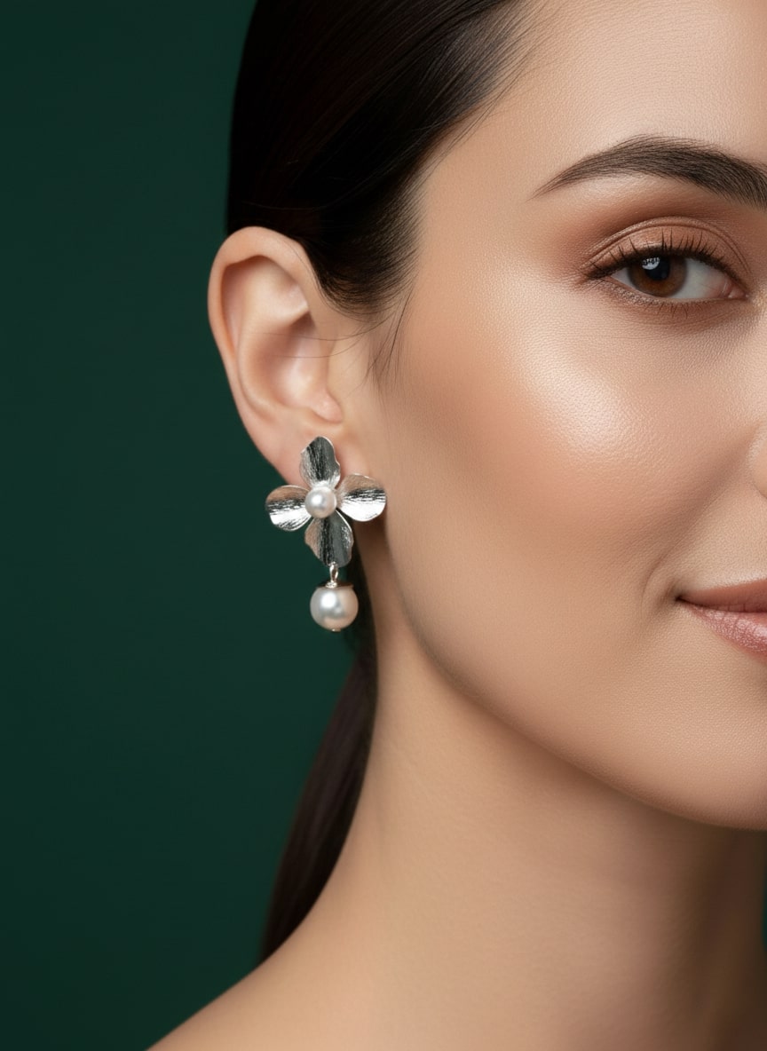 Silver Flower With hanging pearl earring