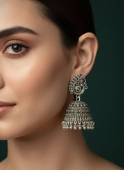 Oxidized Floral & Bird Motif Jhumka Earrings