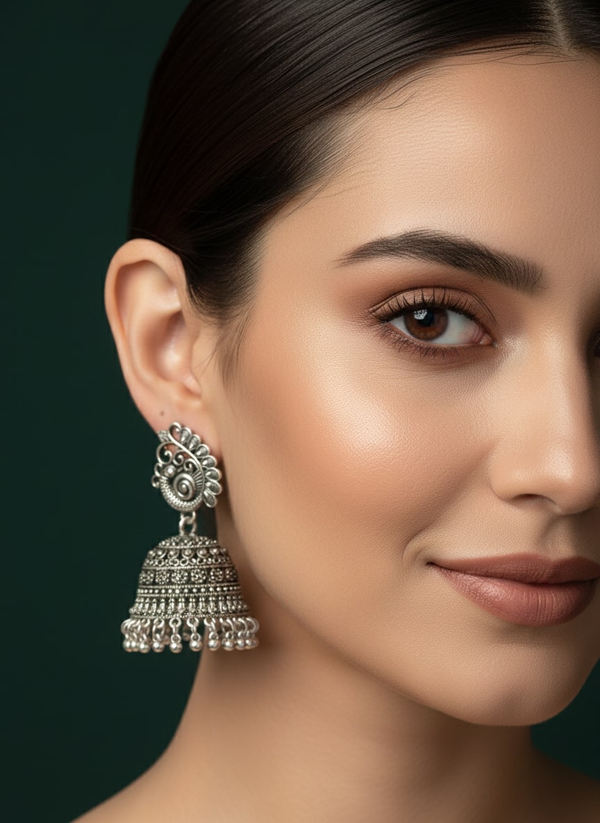 Oxidized Floral & Bird Motif Jhumka Earrings