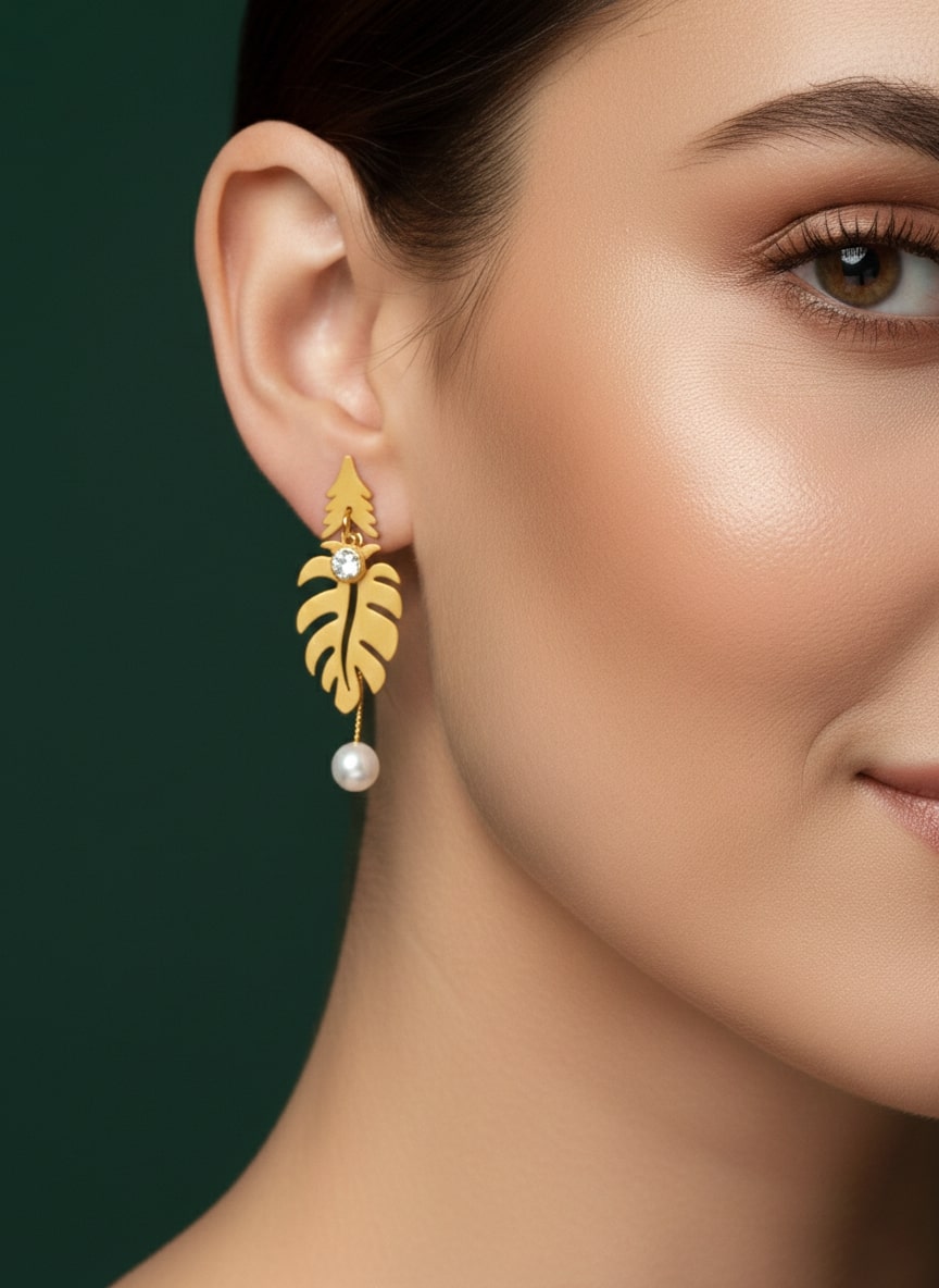 Golden Leaf With Pearl Earring
