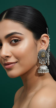 Oxidised Silver Plated Ghumroo Beaded Dome Jhumka with Hair Chain
